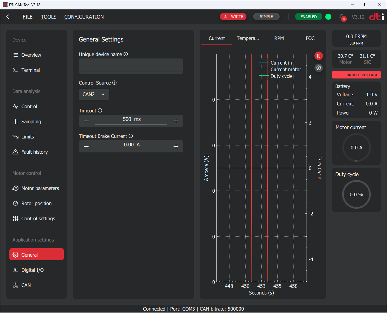 DTI CAN tool: General settings
