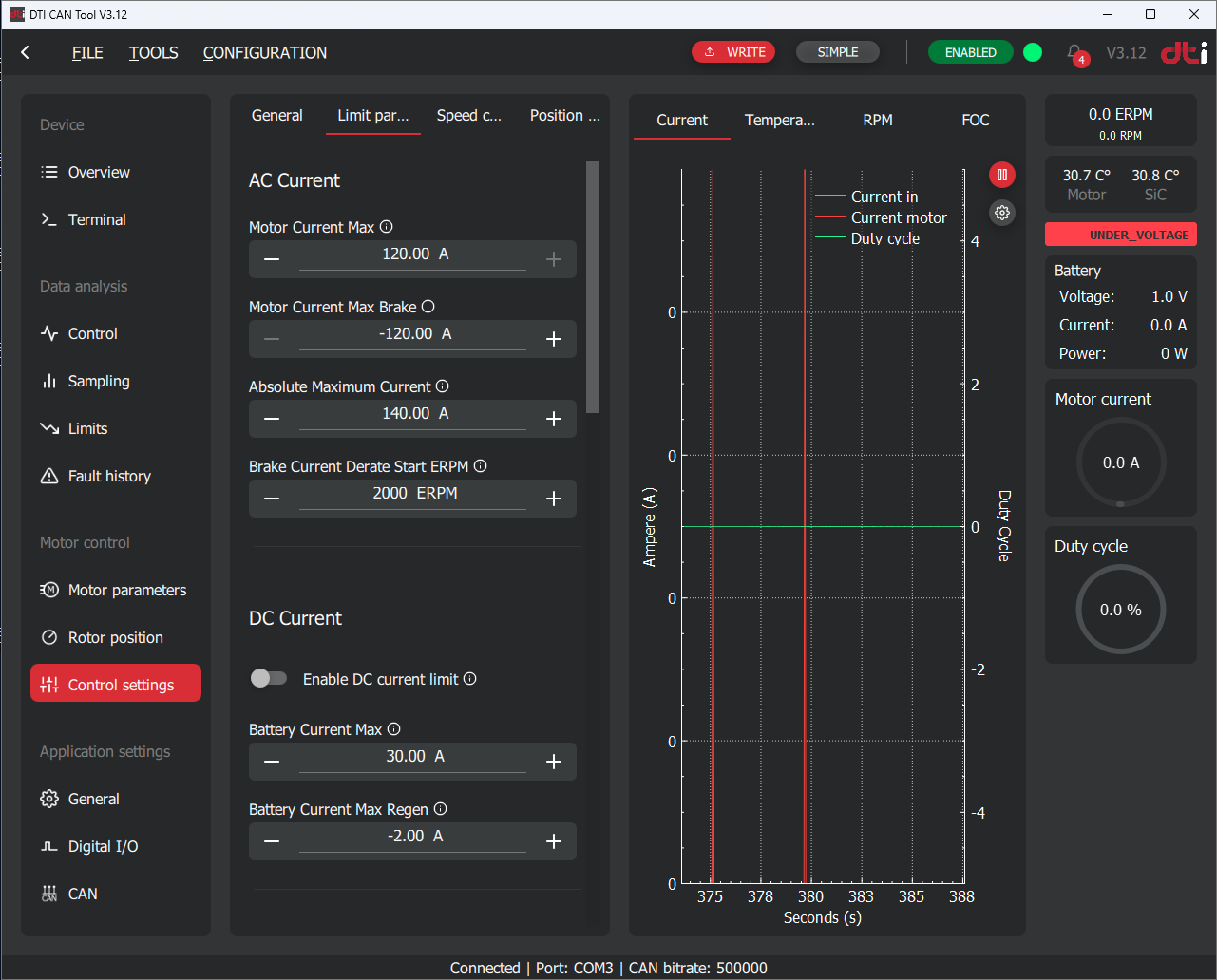 DTI CAN tool: Control settings (Limit parameters 1)